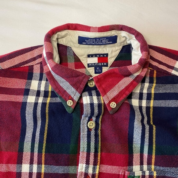 Tommy Hilfiger Y2K Mens Red/Blue XL‎ Plaid Flannel Button Down Shirt - Picture 8 of 9